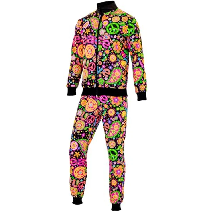 W WIDMANN MILANO Party Fashion Kostüm Trainingsanzug, Hippie Stil, 80er Jahre Outfit, Jogginganzug mit bunten Blumen und Peace-Symbolen, Größe L – Bild 4