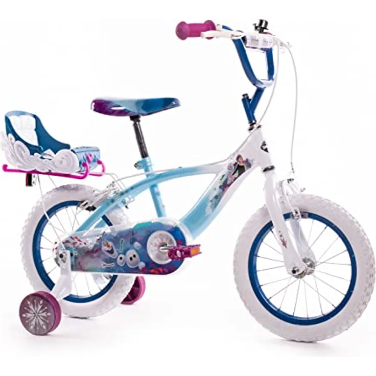 Huffy Babys Disney Frozen 14" Kinderfahrrad, Blau - Winterlandschaft Design, Schlitten auf der Rückseite, für Kinder 4-6 Jahre