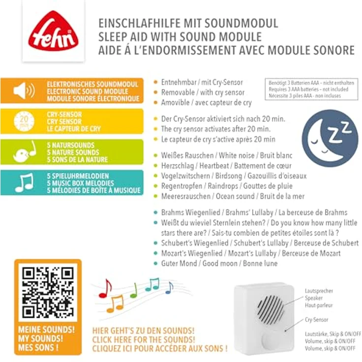 Fehn Einschlafhilfe Chamäleon, mit Soundmodul und Cry-Sensor, 10 beruhigende Sounds, für Babys ab 0+ Monaten, ca. 27 cm, maschinenwaschbar – Bild 2
