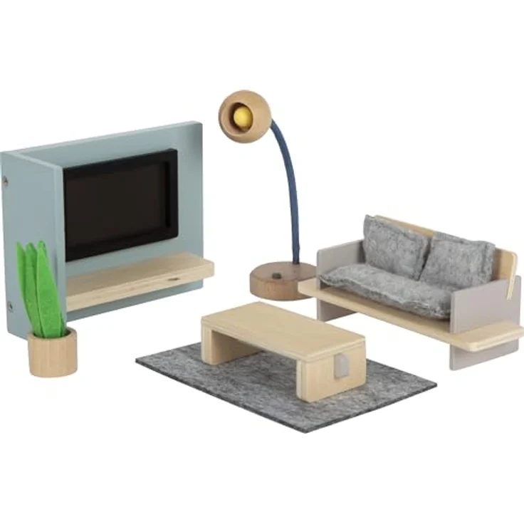 Small Foot Puppenhausmöbel Wohnzimmer-Set, 12-teilig, modernes Design mit Sofa, Stehlampe und Fernseher, Naturfarben – Bild 2