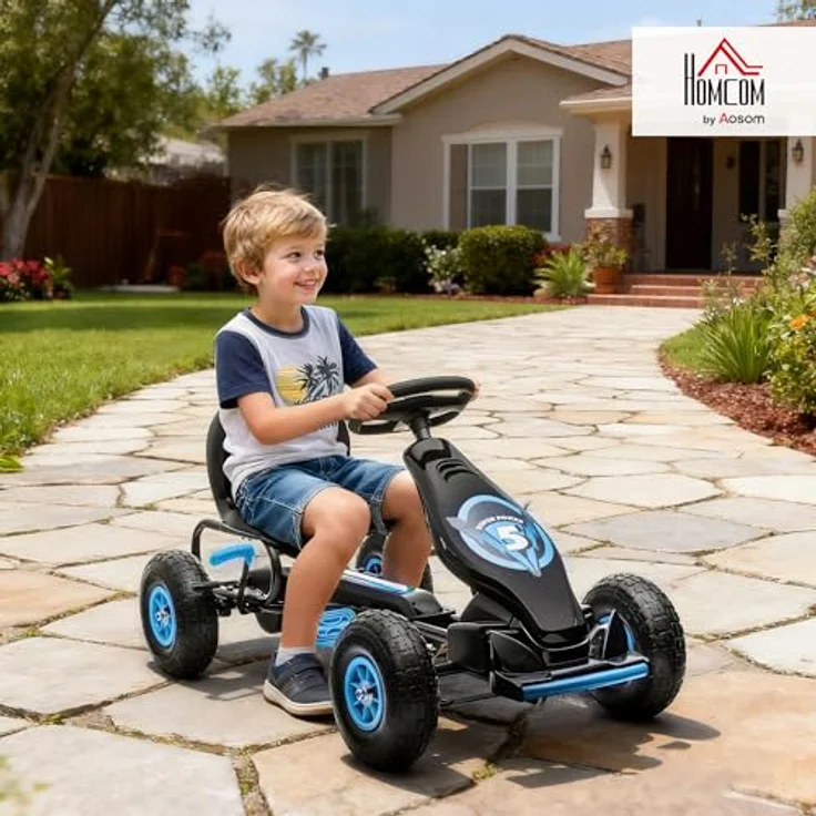 HOMCOM Gokart, Kinderfahrzeug mit verstellbarem Sitz, Tretauto mit Gummireifen, Pedal und Handbremse, Kettcar für Kinder ab 5 Jahren, Outdoor, Blau+Schwarz – Bild 3