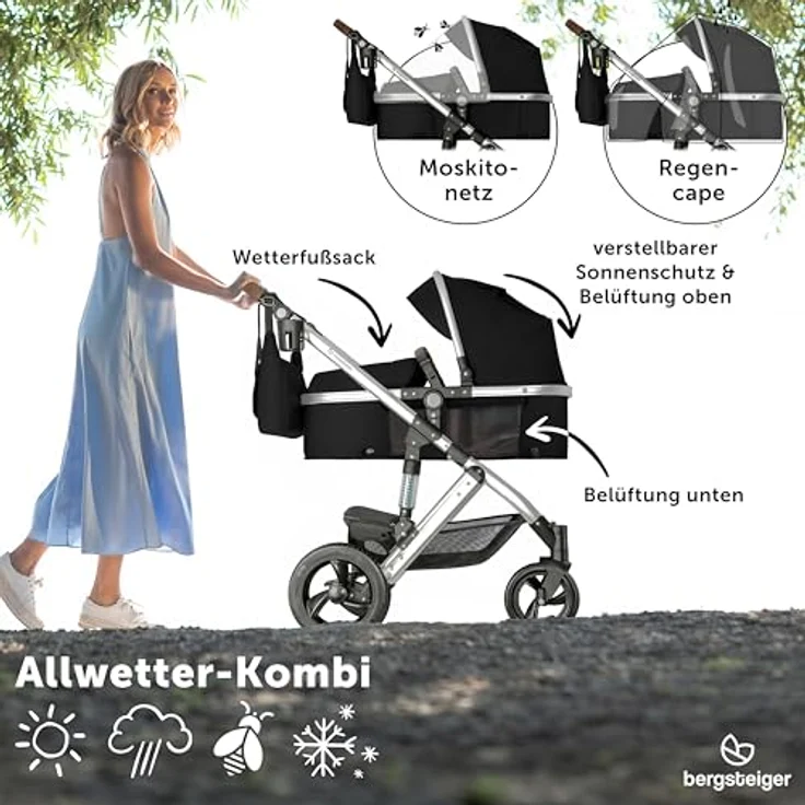 Bergsteiger Nizza 3 in 1 Kinderwagen, Kombikinderwagen Komplettset, Babywanne & Buggy Sportsitz inklusive, Auto-Babyschale & Isofix Station optional, grau – Bild 5