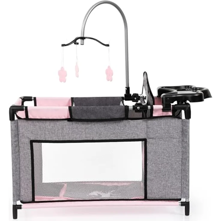 Bayer Design 62633AB Puppenbett mit Schrank, Hochstuhl, Bettdecke, Kissen, Jeans-grau, rosa, Einhorn – Bild 2