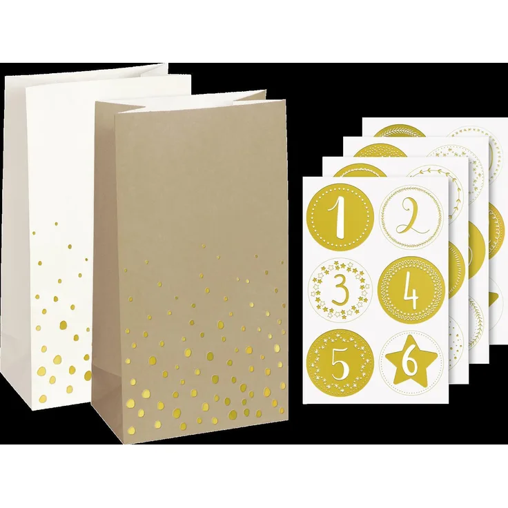 HEYDA Adventskalender-Set „Flocken“, 24 Bodenbeutel mit Zahlen-Stickern, weiß, Hochglanzveredelung in Gold, B/H/T: 130 mm × 240 mm × 75 mm