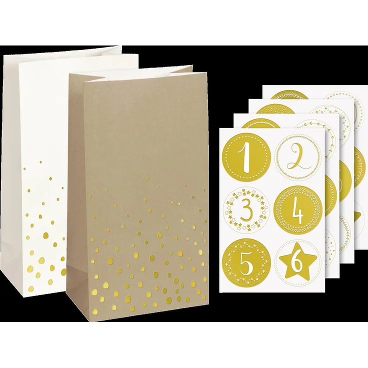 HEYDA Adventskalender-Set „Flocken“, 24 Bodenbeutel mit Zahlen-Stickern, weiß, Hochglanzveredelung in Gold, B/H/T: 130 mm × 240 mm × 75 mm