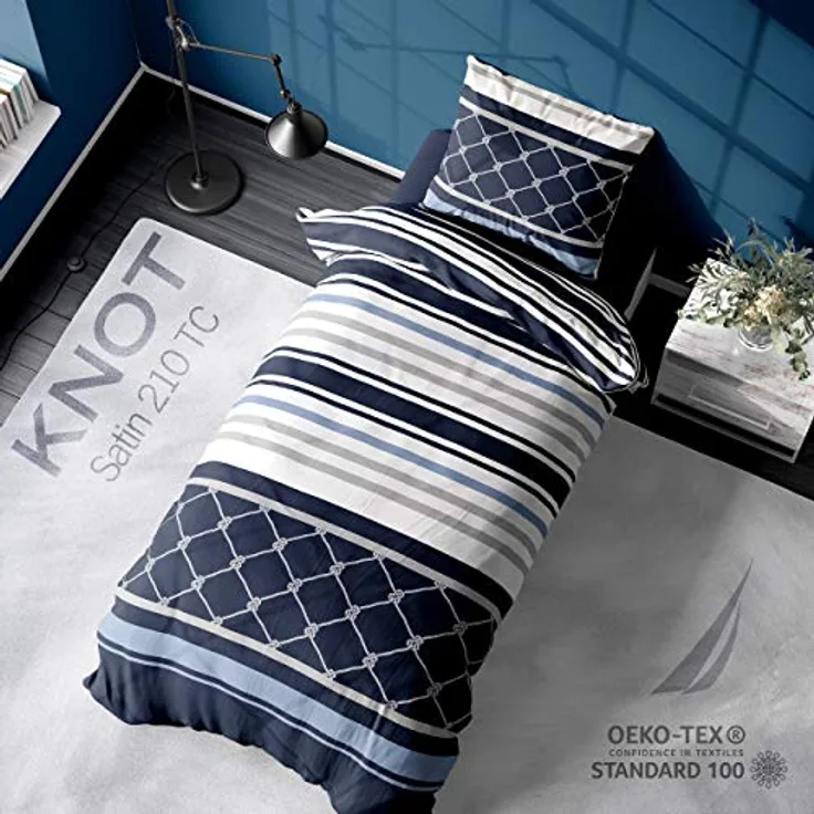 Nautica Home Knot BETTWÄSCHE Set Satin 100% Baumwolle Wendebettwäsche Mit Reißverschluss YKK 135X200 + 80X80 Kissenbezug Single 1 Person, in Blau