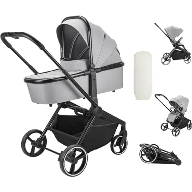 Booboo Kinderwagen Jazzi 2 in 1 Kombi-Kinderwagen inkl. Babywanne mit Matratze, Sportwagen, Sportsitz mit Liegefunktion, Zusammenklappbar - Grey