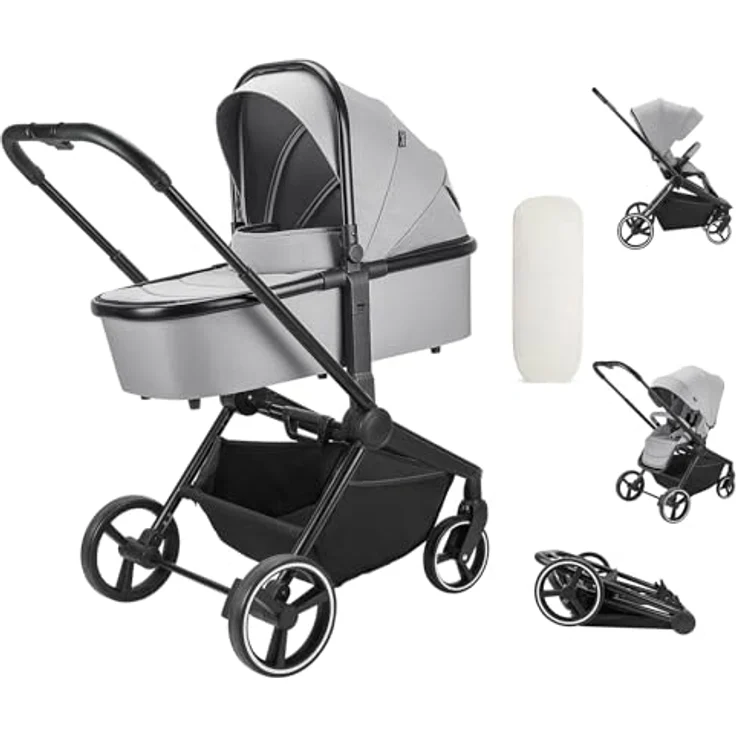 Booboo Kinderwagen Jazzi 2 in 1 Kombi-Kinderwagen inkl. Babywanne mit Matratze, Sportwagen, Sportsitz mit Liegefunktion, Zusammenklappbar - Grey – Bild 1
