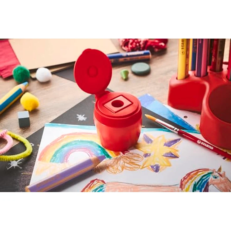 Stabilo Dosenspitzer Woody 3 in 1, kindersicherer Anspitzer mit großem Auffangbehälter, rot – Bild 4