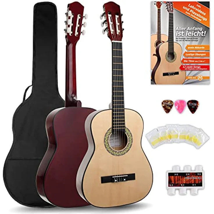 Classic Cantabile AS-851 1/2 Konzertgitarre Starter Set (Lindenholz, Blackwood Griffbrett, Gigbag Tasche, Lehrbuch, 3 Plektren, Stimmpfeife) in Naturfarben – Bild 1