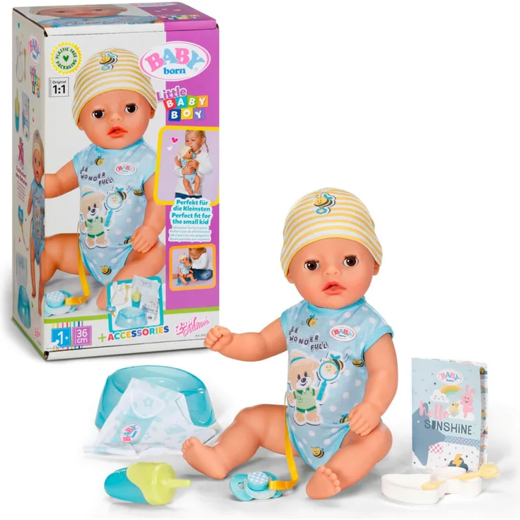 Baby Born Babypuppe Little Baby Boy 36 cm, mit 7 Funktionen, blaues Töpfchen, Stoffwindel und Schnuller