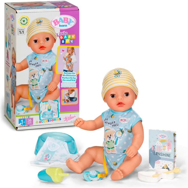 Baby Born Babypuppe Little Baby Boy 36 cm, mit 7 Funktionen, blaues Töpfchen, Stoffwindel und Schnuller