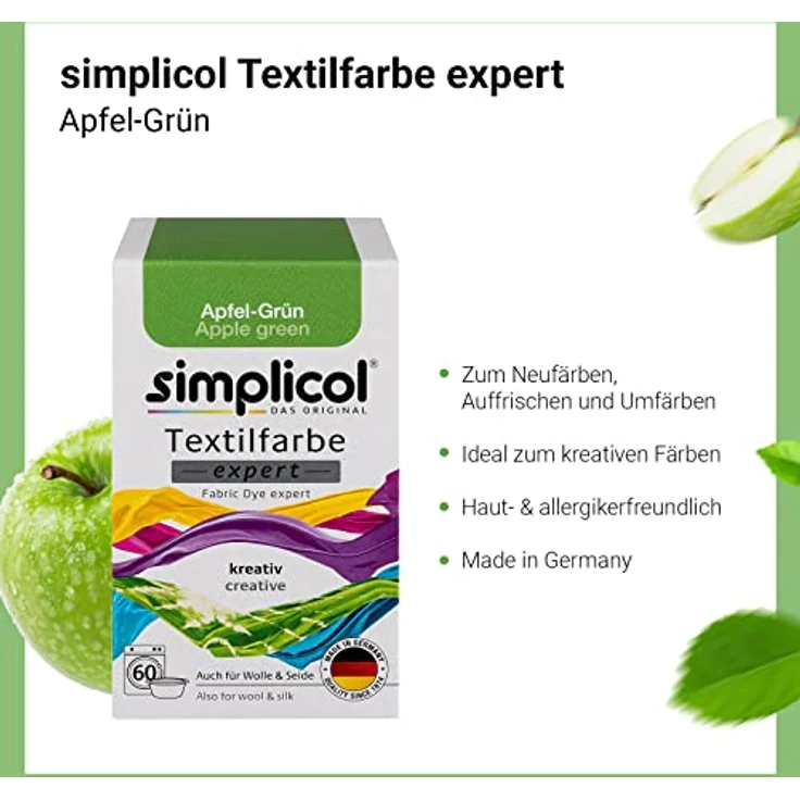 simplicol Textilfarbe expert Apfel-Grün 1714 - Zum Umfärben und Auffrischen von Kleidung, Waschmaschinenfest, für Baumwolle, Wolle, Seide, Leinen, Viskose & Mischgewebe – Bild 3
