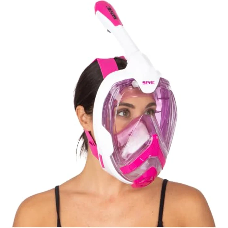 SEAC Magica Schnorchelmaske Vollgesichtsmaske mit Anti-Beschlag System, Dry Top Schnorchel und Auslassventil, weiß/rosa, XS/S – Bild 4