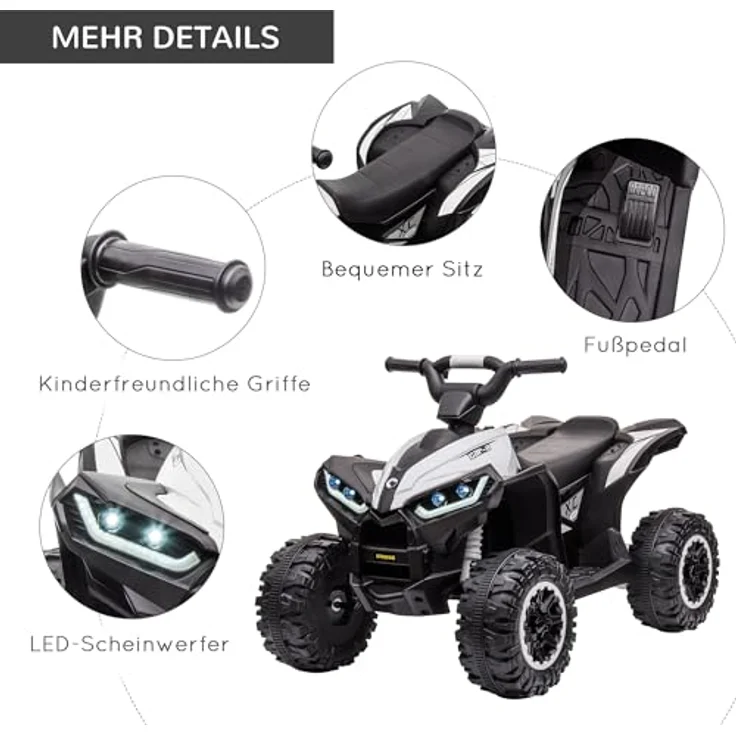 HOMCOM Elektro-Kinderquad Elektro-Quad, Kindermotorrad mit MP3-Musikplayer, Scheinwerfer, Belastbarkeit 25 kg, (1-tlg), für Kinder 3-5 Jahre, 1,5-3 km,h, Weiß und Schwarz – Bild 6