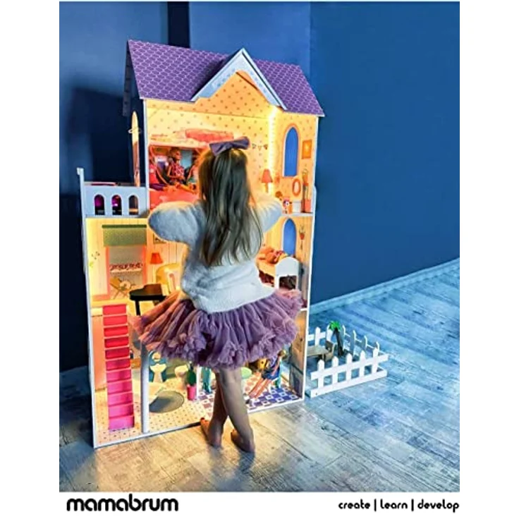 mamabrum Puppenhaus Holz XXL 123 cm mit LED, großes Puppenhaus mit Möbel & Garten für Mädchen ab 3 Jahre, kreatives Spielhaus mit Licht & Zubehör – Bild 2
