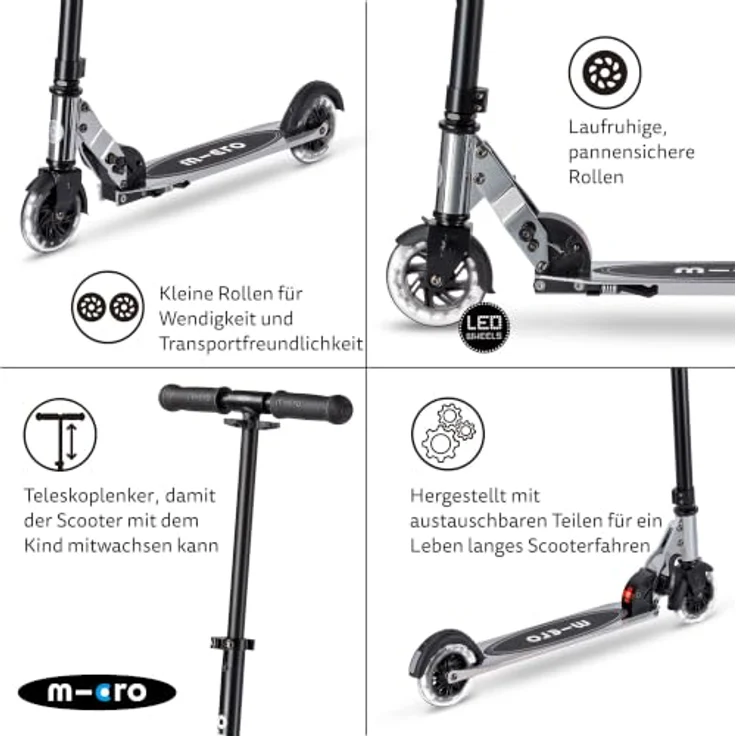 Micro Scooter Micro Sprite LED Silverchrome, klappbarer Kinderroller mit höhenverstellbarem Lenker und LED Rädern, für Jugendliche und Erwachsene – Bild 4