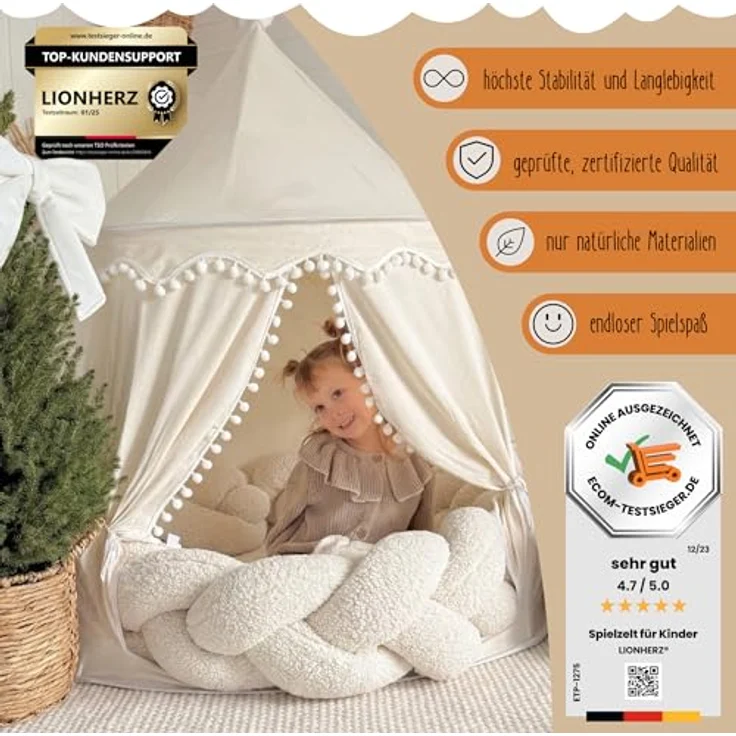 LIONHERZ® Spielzelt für Kinder, atmungsaktiv aus Baumwolle&Hanf, stabil mit Fiberglasstangen, Märchenschloss in Cremeweiß, mit Tragetasche, ohne Zubehör – Bild 2