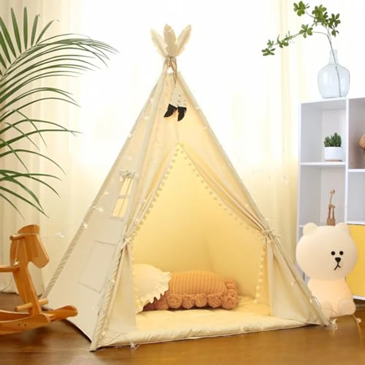 LIONHERZ® DAS ORIGINAL Tipi Zelt für Kinder, 100% Baumwolle, stabil mit Matte, Federdeko, Tragetasche, cremeweiß – Bild 1
