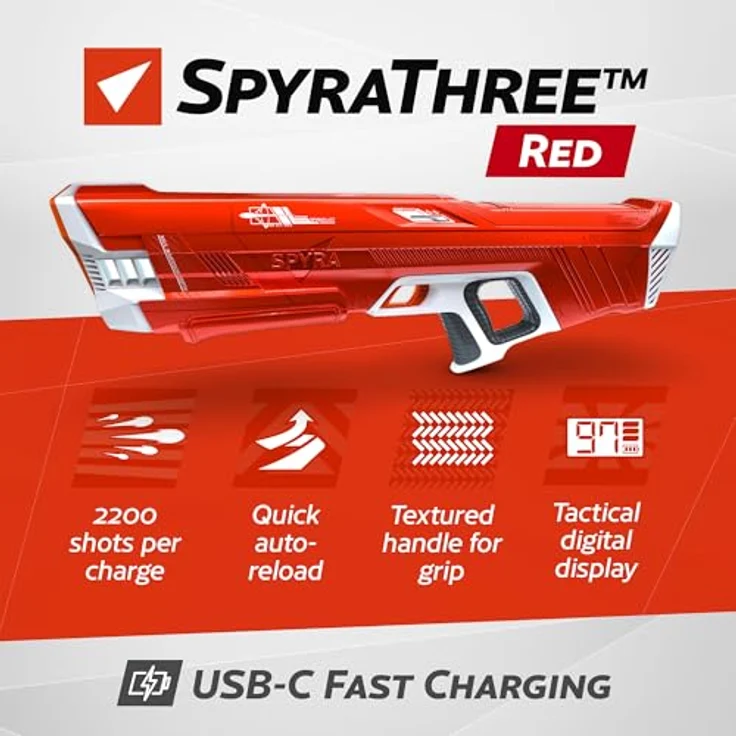 SPYRA SpyraThree™ Elektrische Wasserpistole mit automatischem Aufladen, 3 Spielmodi, LED-Anzeige und 15m Reichweite, rot – Bild 2