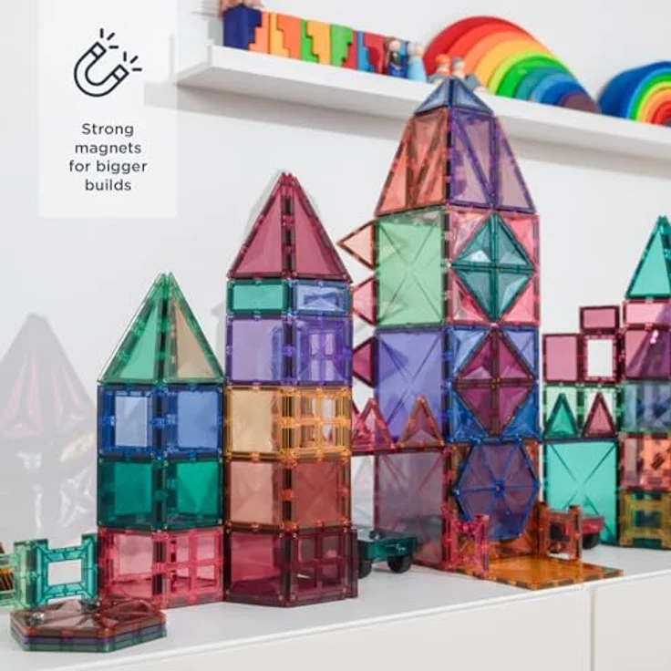 Connetix Fliesen 202-teiliges Pastell Mega Pack, pädagogisches magnetisches Bauset mit großen Sechsecken und Quadraten, Tür- und Fensterstücke, Zäune und 2 Autos mit Gummirädern – Bild 2