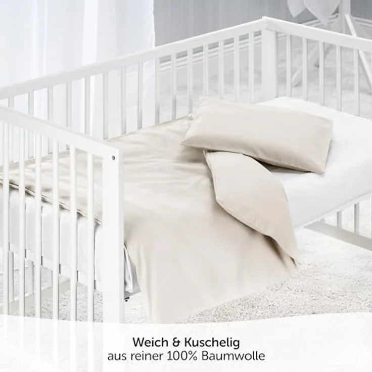 MAKIAN Baby Bettwäsche Set, 2-teilige Kinderbettwäsche aus 100% Baumwolle, 80x80 cm / 35x40 cm, Beige, passend für Babybett, Stubenwagen und Kinderwagen – Bild 2