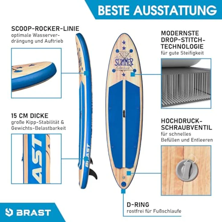 BRAST® SUP Board Summer, aufblasbares Stand Up Paddle Set, 320x81x15cm, 140kg Tragkraft, 5 Jahre Garantie, inkl. Kajaksitz, 2in1 Paddel, Action-Cam-Halterung, Fußschlaufe, Natural Blau – Bild 4