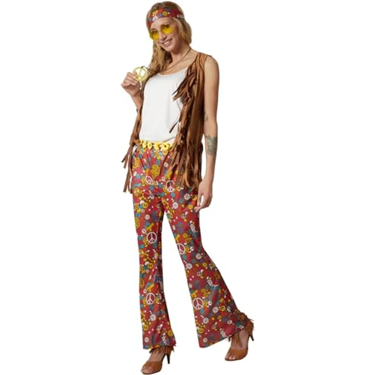 dressforfun Hippie Kostüm Set, 60er Jahre Kostüm, 70er Mode, Hippie Damen, Schlaghose, Flower Power, Fransenweste - Braun, Größe M – Bild 3