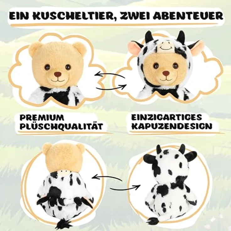 BRUBIES Teddy Kuh - 25 cm Teddybär im Kuhkostüm mit abnehmbarer Kapuze - Extra weiches Plüschmaterial - Pflegeleicht - Kuscheltier Geschenk für Kinder – Bild 3