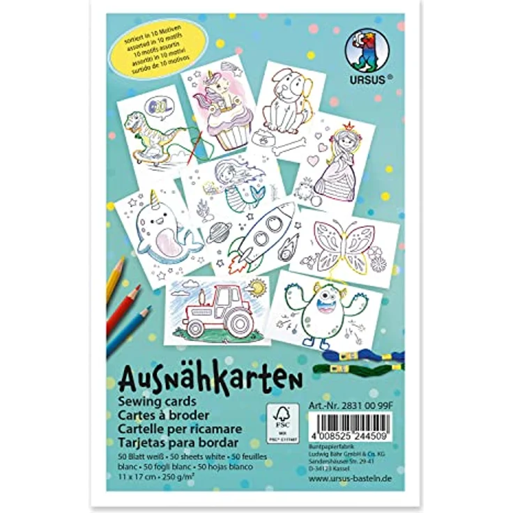 Ursus 28310099F Ausnähkarten für Kinder, 50 weiße Stickkarten mit vorgedruckten Motiven zum Aussticken und Ausmalen, ca. 11 x 17 cm groß, Mittel - Preisvergleich – Bild 1