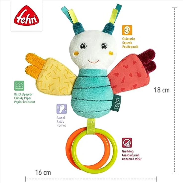 Fehn Mini-Schmetterling – Activity Greifling mit Rassel, Quietsche, Raschelpapier – Baby Spielzeug fördert spielerisch Sinne & Motorik – Spieltier für Babys und Kleinkinder ab 0+ Monaten – Bild 5