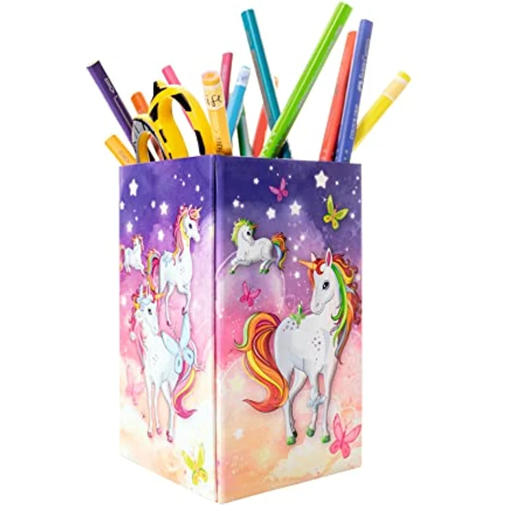HERMA 19731 Stiftehalter mit Einhorn Motiv, faltbar, stabile Pappe, rechteckiger Stiftebecher für Buntstifte, Marker, Bleistifte, Make-Up Pinsel - HERMA Federmäppchen, bunter Stifte Organizer für Kinderzimmer, Einhorn - stabile Pappe, faltbar, Druckknöpfe – Bild 1