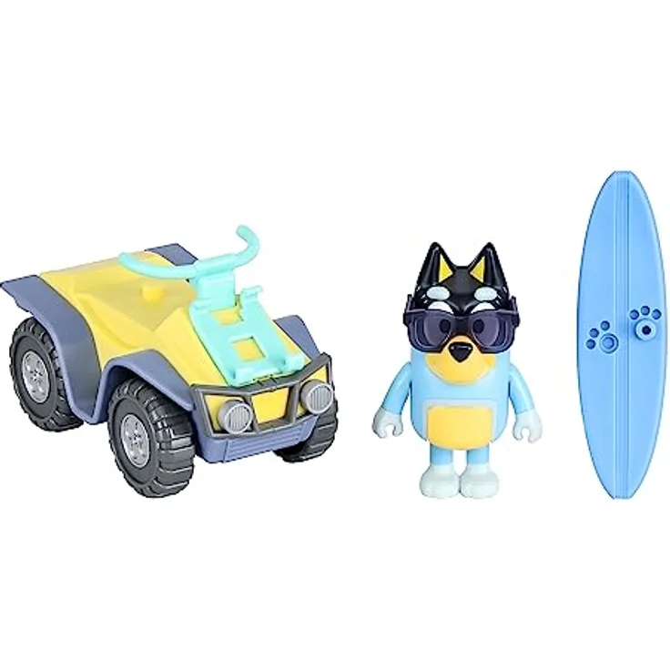BlueY Bluey: Fahrzeug- und Figurenset „Strand-Quad mit Bandit“ – mit Bandit (7,6 cm) und Surfbrett-Zubehör, Black