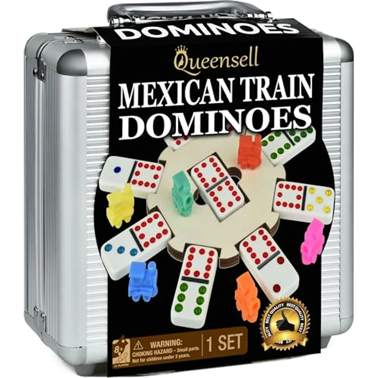 Queensell Mexican Train Domino-Set, Doppel-12 Legespiele mit Holzmittelstück und Aluminium-Tragekoffer für Familienspiele, farbenfrohe Steine für Erwachsene und Kinder ab 8 Jahren – Bild 1
