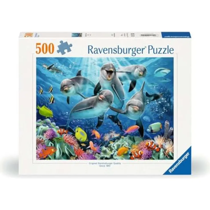 Ravensburger Puzzle 12000200 - Delphine im Korallenriff - 500 Teile Puzzle mit handgefertigten Stanzmessern, reflexfreiem Puzzlebild und recycelter Pappe, Meer-Motiv