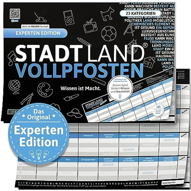 DENKRIESEN Stadt Land VOLLPFOSTEN® Experten Edition - A4 Partyspiel Familienspiel - 'Wissen ist Macht.' - Geschenkidee