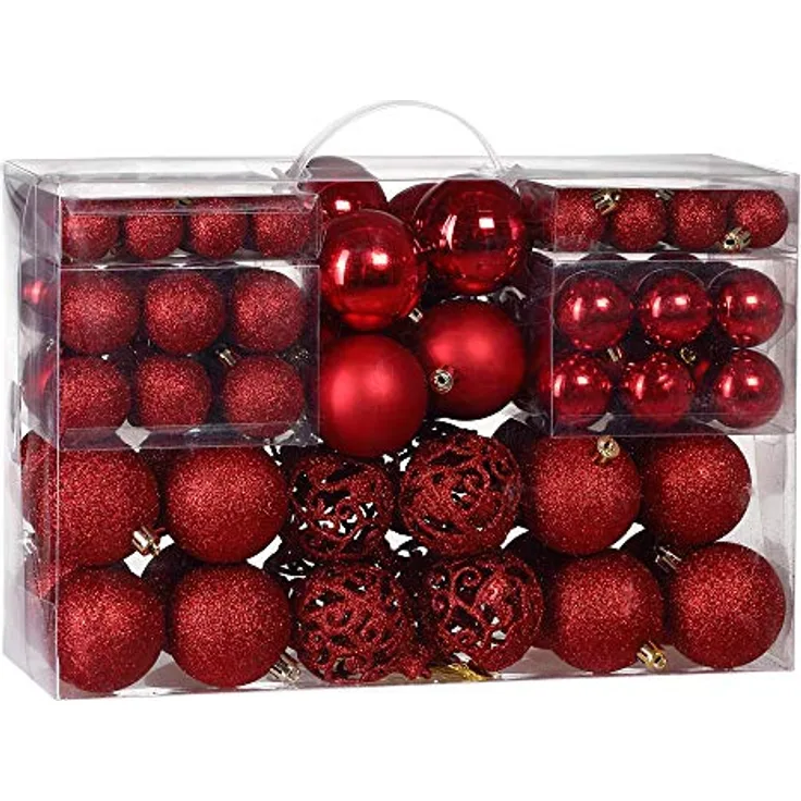 DEUBA® Weihnachtskugeln 100tlg Ø 3-6cm Kunststoff matt glänzend Christbaumkugeln Christbaumschmuck Anhänger Weihnachtsbaumkugeln Weihnachtsdeko Rot