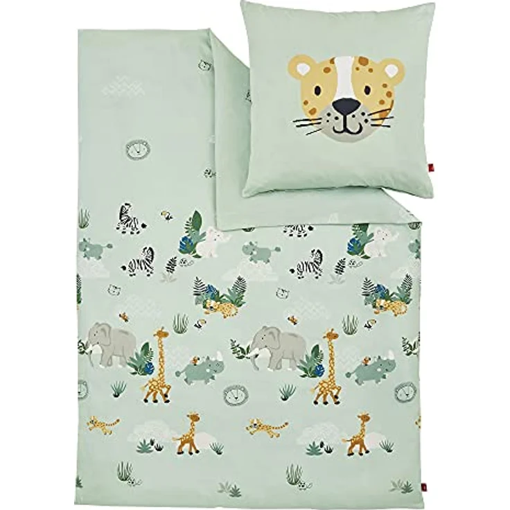 s.Oliver Kinderbettwäsche Tiere 135x200 cm - 100% Baumwolle, praktischer Reißverschluss & maschinenwaschbar, Bettwäsche für Kinder 2tlg. Zootiere hellgrün – Bild 1
