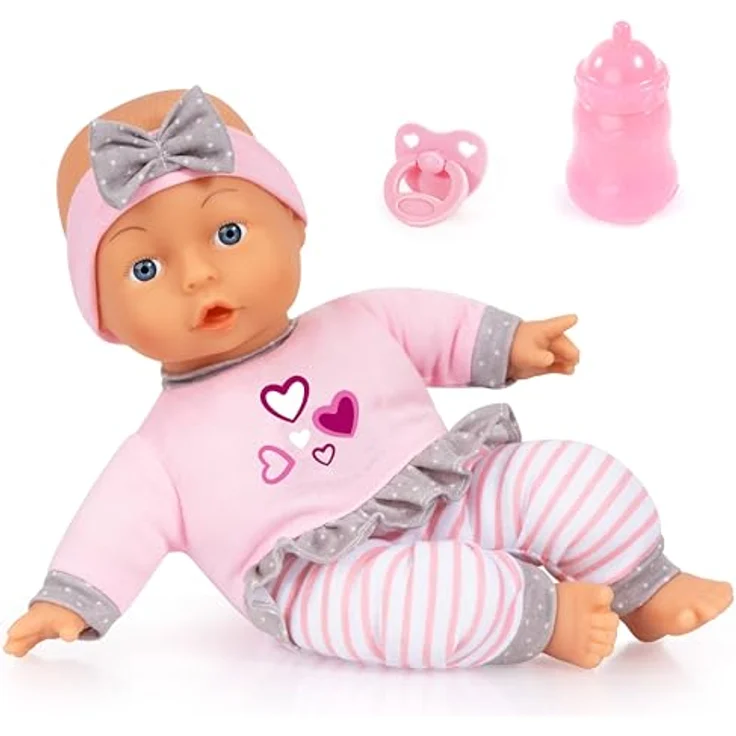 Bayer Babypuppe, 30 cm Weichkörperpuppe in rosa/grau mit Flasche und Schnuller (3-tlg) – Bild 1