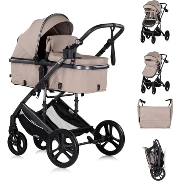 Chipolino Kinderwagen Amore 2 in 1, Tragetasche für Neugeborene, verstellbare Sitzeinheit, Getränkehalter, hellbraun