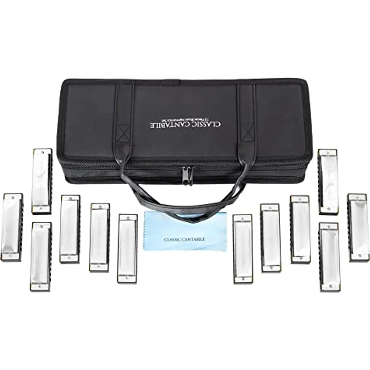 Classic Cantabile AHBS-12 Alabama Blues Harmonica 12er Mundharmonika Set - Diatonische Mundharmonikas in verschiedenen Stimmungen - 10 Messing Stimmzungen - Edelstahl-Gehäuse - Inkl. Etui & Tuch - Robustes Edelstahl-Gehäuse & kräftiger Blues-Sound – Bild 2