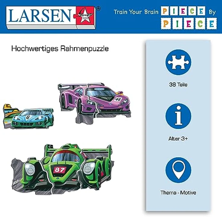 Larsen Puzzles PG1, Kinder Rahmenpuzzle Racing Cars, 38 Teile, Lernspielzeug zur Förderung von Konzentration und Hand-Augen-Koordination, ab 3 Jahre – Bild 3