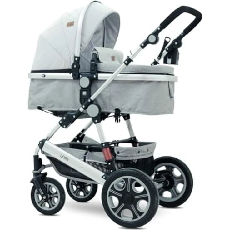 Lorelli Kinderwagen Lora 3 in 1, faltbar mit Gummirädern, Tragetasche, Sportsitz, Fußabdeckung, grau – Bild 2