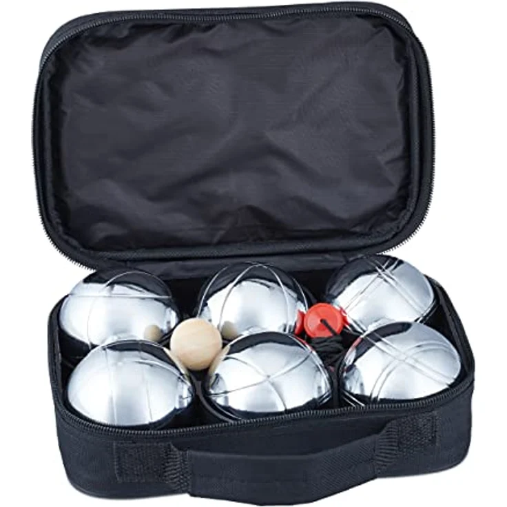 relaxdays Boule Set, Metall Spielball Set mit 6 Kugeln, tragbar, silber und schwarz – Bild 1