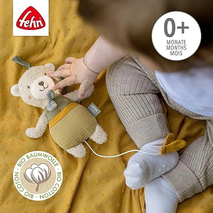 Fehn Mini-Spieluhr Bär fehnNATUR – Kuscheltier & Einschlafhilfe mit Baumwolle (kbA) – Melodie „Schuberts Wiegenlied“ beruhigt in jeder Situation – für zuhause & unterwegs – für Babys & Kleinkinder – Bild 3