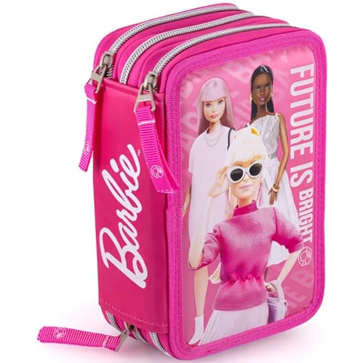 Clondo 3-Fach Federmäppchen für Barbie Fan, 45-teilig, rosa, mit Schere, Kleber, Buntstiften und Filzstiften - ideal für Schule & Geschenk für Mädchen – Bild 1