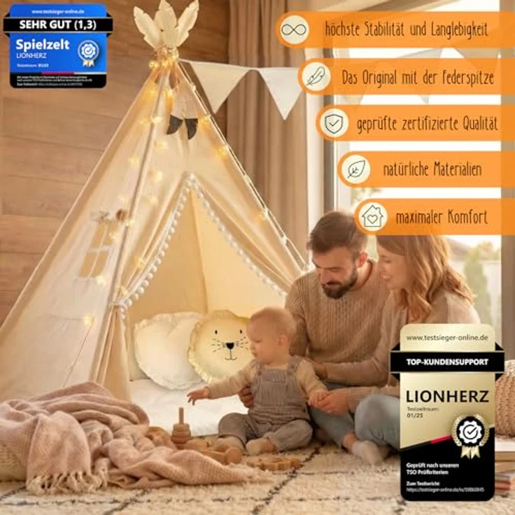 LIONHERZ® DAS ORIGINAL Tipi Zelt für Kinder, 100% Baumwolle, inkl. Matte, Stabilisator, Wimpelkette & 2 Kissen, stabil und vielseitig, ideal für Indoor und Outdoor Spielen – Bild 3