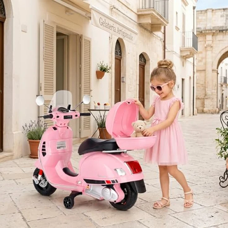 Sun Baby Elektrischer Kinderroller Vespa Maxi, 12V Elektrofahrzeug mit MP3, Kofferraum und Licht, rosa – Bild 5