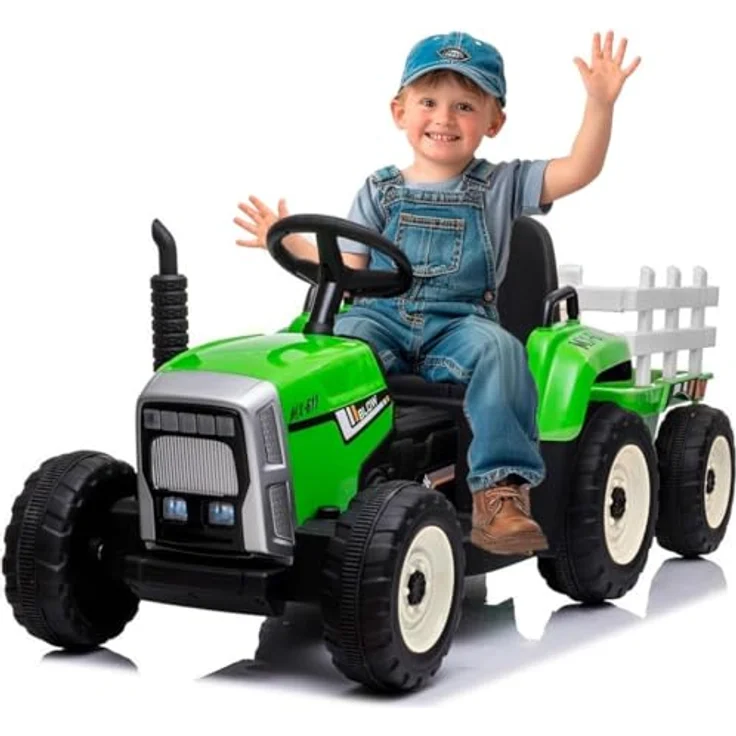 FINOOS Kinder Elektro Traktor 12V mit Schaufel & abnehmbarem Anhänger Kinder-Elektrofahrzeug, Kinder Aufsitztraktor mit LED-Licht & Musik & Hupe, 2,4G Fernbedienung, 2-5km/h (Grün) – Bild 1