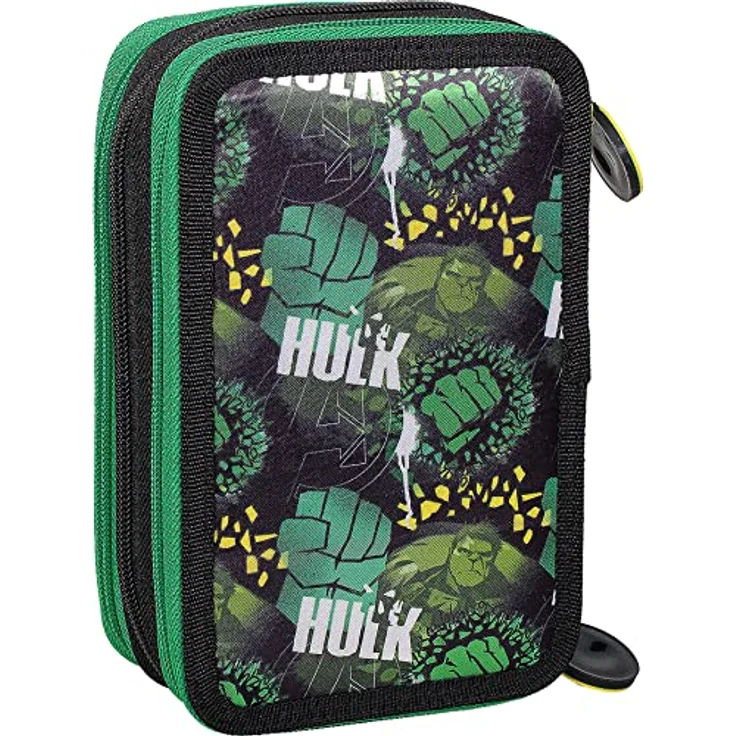 Clondo 3-Fach Federmäppchen Avengers Hulk Fan, 44-teilig, komplett gefüllt mit Schere, Lineal und Buntstiften, Schwarz und Grün, ideal für Schule & Geschenke – Bild 5